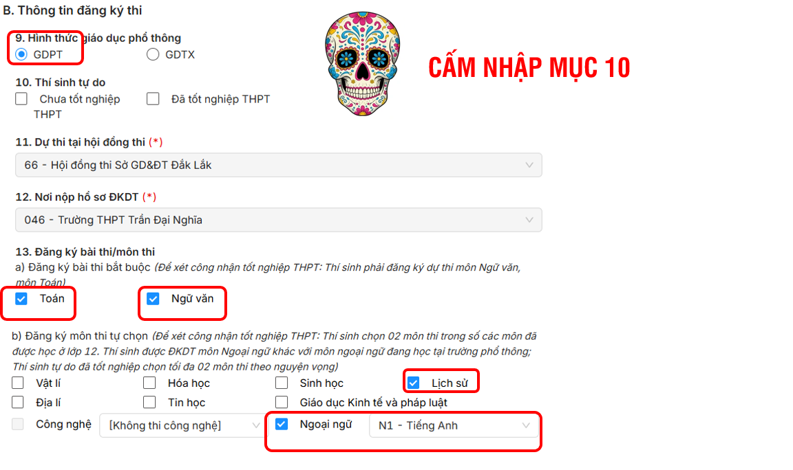 Minh họa thông tin đăng ký dự thi